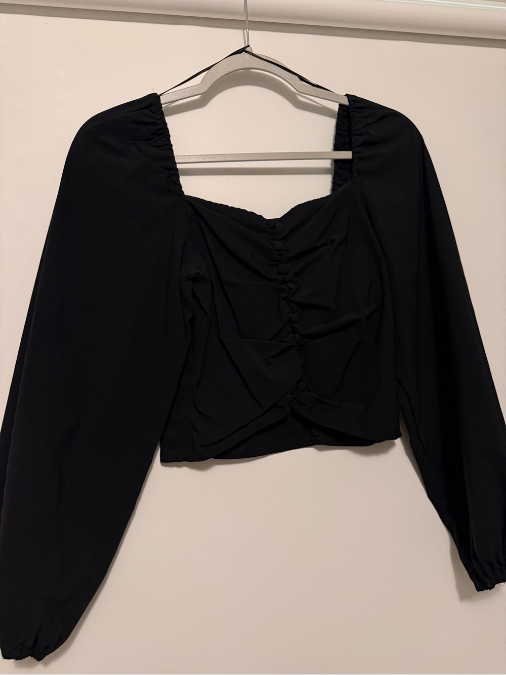 Topshop Black Ruched Square-Neck Long Sleeve Crop Top